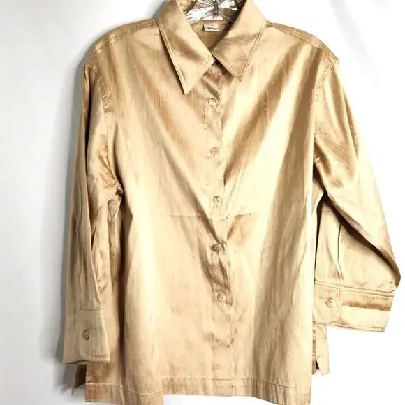 ios Metallic Gold 100% Silk Top Size M Button Up Long Sleeve Classic Elegant - Picture 6 of 11